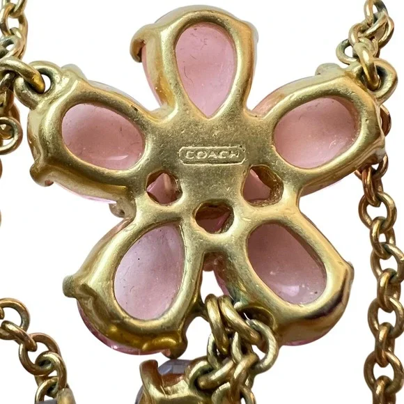 Coach Daphne Pink Glass Floral Drop Necklace Gold Tone Signed Rare - Picture 5 of 11